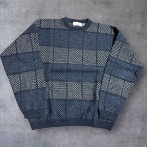 VTG Dad Style Check Pattern Sweater Adult Large Gray Lightweight Chunky Knit